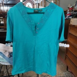 Hunt Club Petite Turquoise V-Neck Lace Top